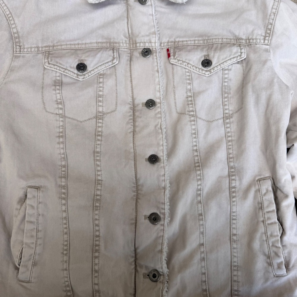 Levis Sherpa Lined Trucker Jacket Mens Medium Tan Stone Wash Denim Coat - Picture 2 of 7